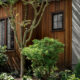 Custom outdoor living space with wood siding, modern landscaping, and a stone pathway.
